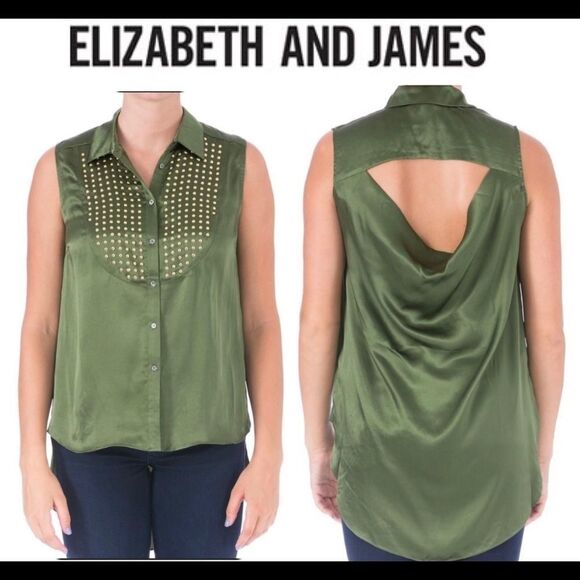 Elizabeth and James Womens Misaki Green Silk Button-Down Top Blouse M - Picture 1 of 9